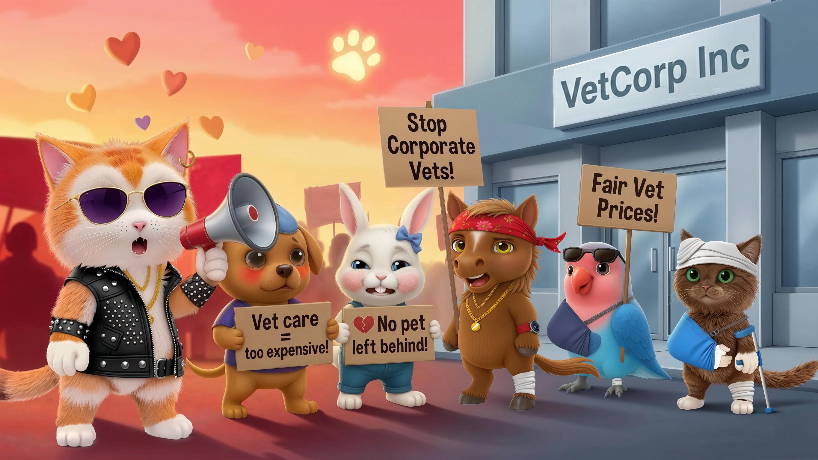 Woundipets™ characters protesting in front of VetCorp™ — Fair Vet Prices! Stop Corporate Vets!